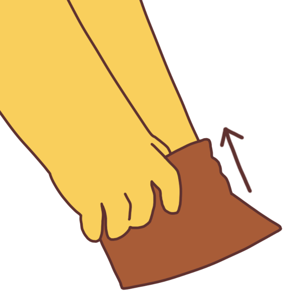  Drawing of a yellow person foot, they’re putting on a red sock. There’s an arrow pointing upwards next to the sock.
